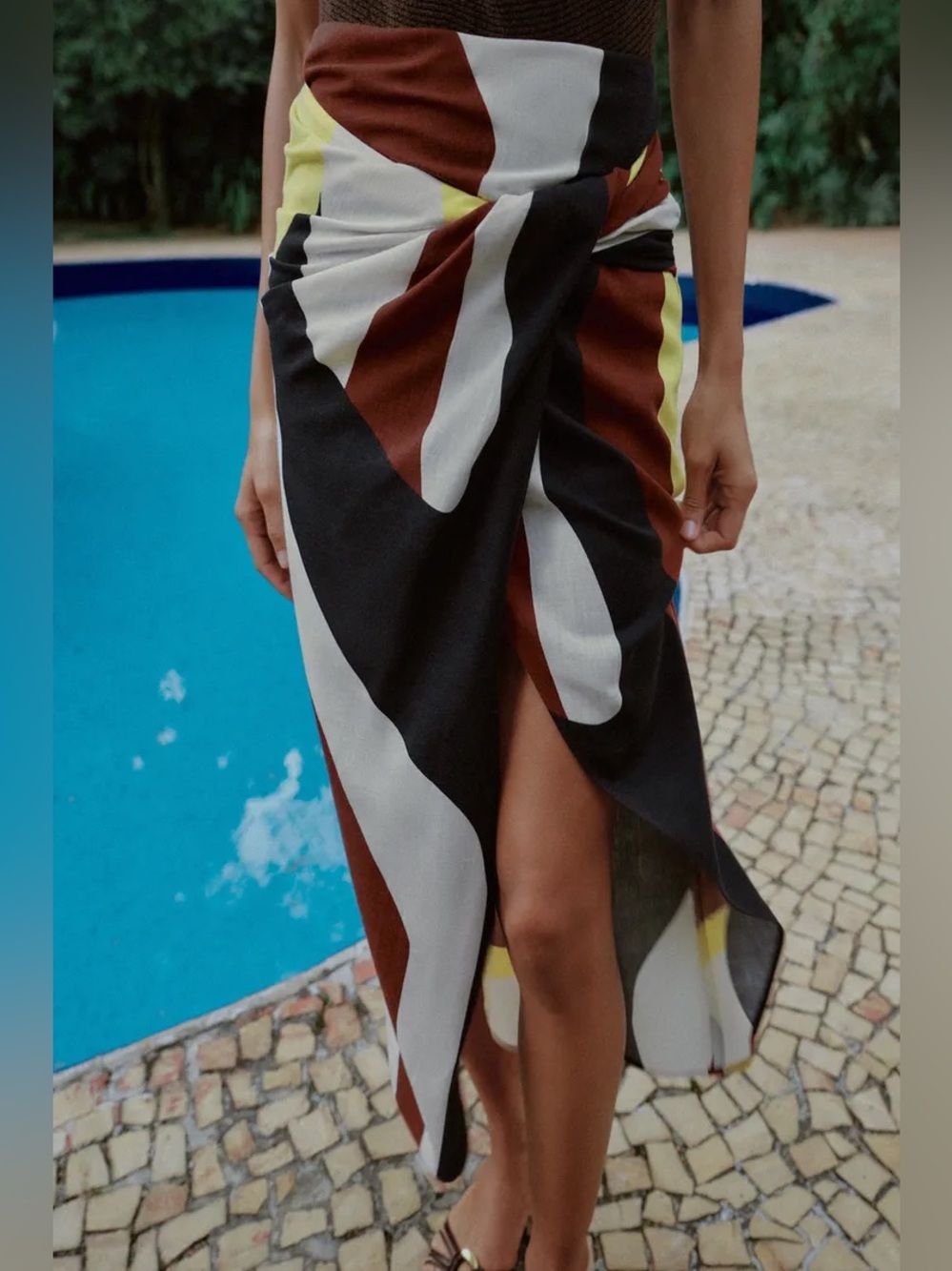 Zara High-Low Wrap Skirt in Black, Brown, White & Yellow. POP